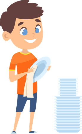 Boy wiping dishes  Illustration