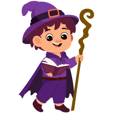 Boy Witch Holding Wand And Witch Book  Illustration