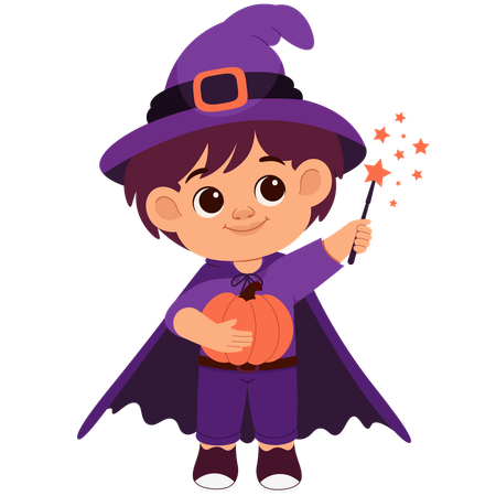 Boy Witch With Pumpkin And Witch Wand  Illustration