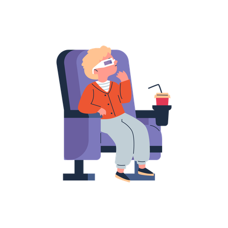 Boy with 3D glasses sitting in a cinema and watching a movie  Illustration