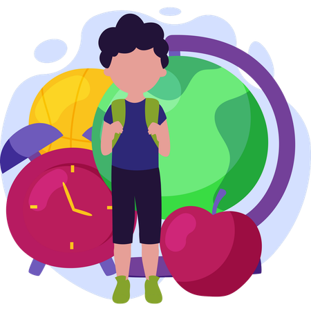 Boy with a backpack and an apple stands next to a globe and an alarm clock on a desk  Illustration