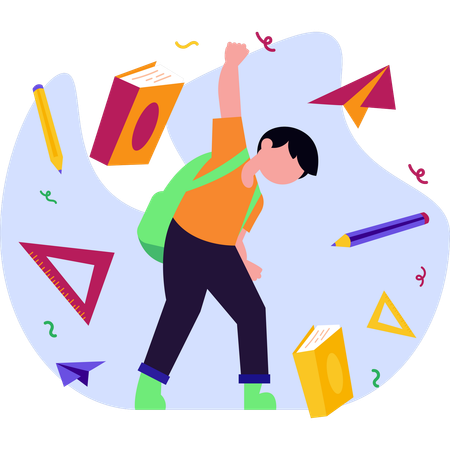 Boy with a backpack and books is soaring through the air capturing a sense of adventure and excitement  Illustration