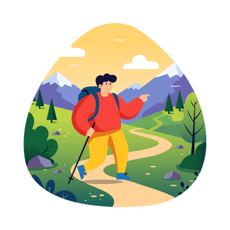 Boy with Backpacking in Nature Illustration