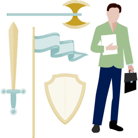 Boy with bag standing next to knight weapons  Illustration