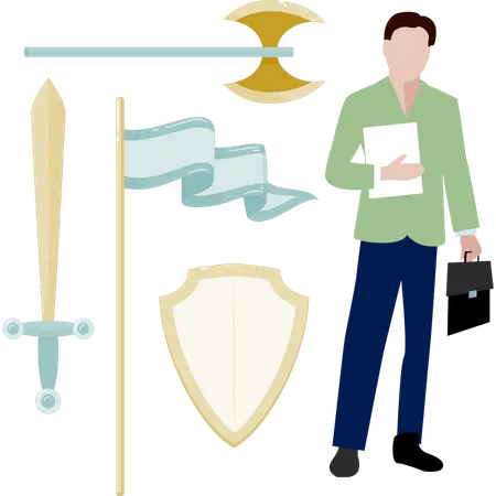 Boy with bag standing next to knight weapons  Illustration