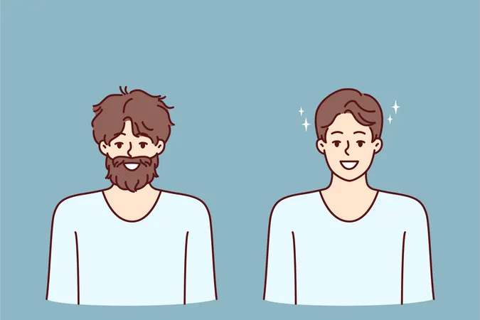 Boy with beard vs without beard  イラスト