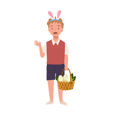 Boy with bunny ears showing fully basket from hunting an easter egg  Illustration