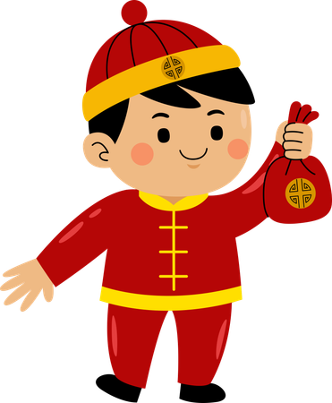 Boy with chinese coin bag  Illustration