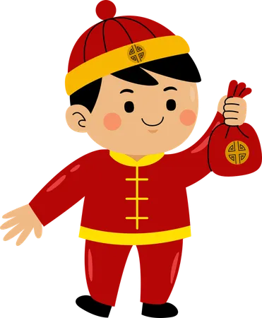 Boy with chinese coin bag  Illustration