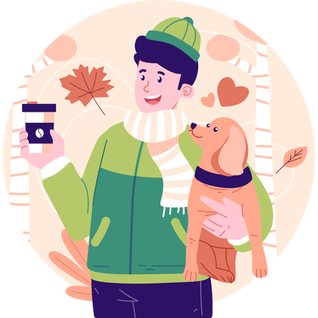 Boy with coffee and dog in autumn  Illustration