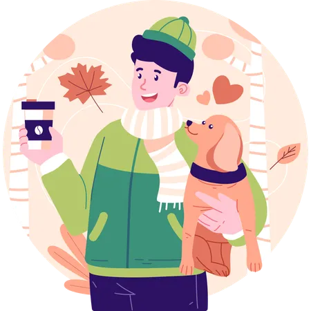 Boy with coffee and dog in autumn  Illustration