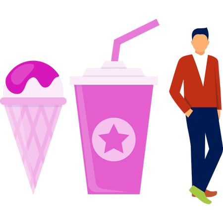 Boy with cone ice cream and juice glass  Illustration