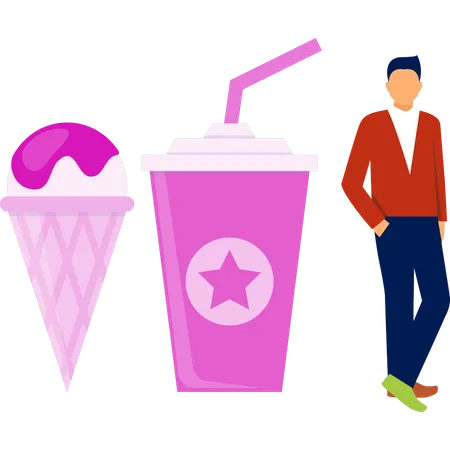 Boy with cone ice cream and juice glass  Illustration