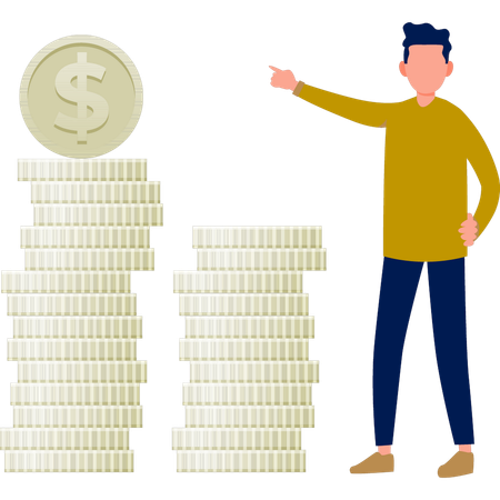 Boy with dollar coins stack  Illustration