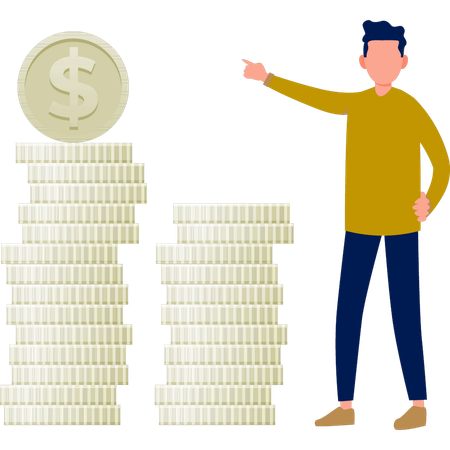 Boy with dollar coins stack  Illustration