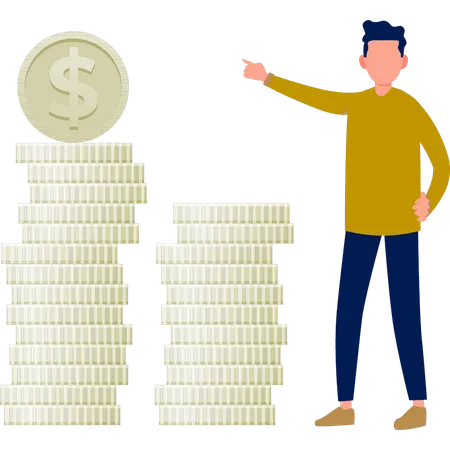 Boy with dollar coins stack  Illustration