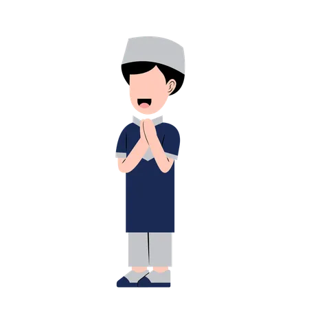 Muslim Boy With Eid Greeting Gesture Illustration