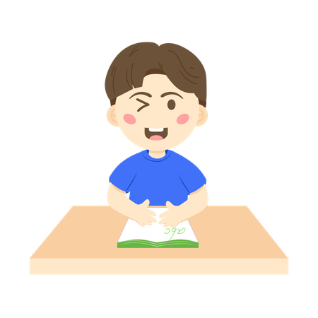 学校で英語の本を読む少年  イラスト