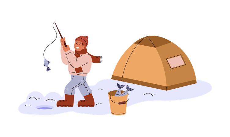 Boy with fishing rod fishing in winter setting  Illustration