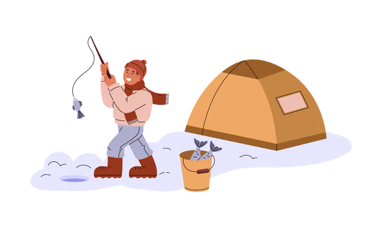 Boy with fishing rod fishing in winter setting  Illustration