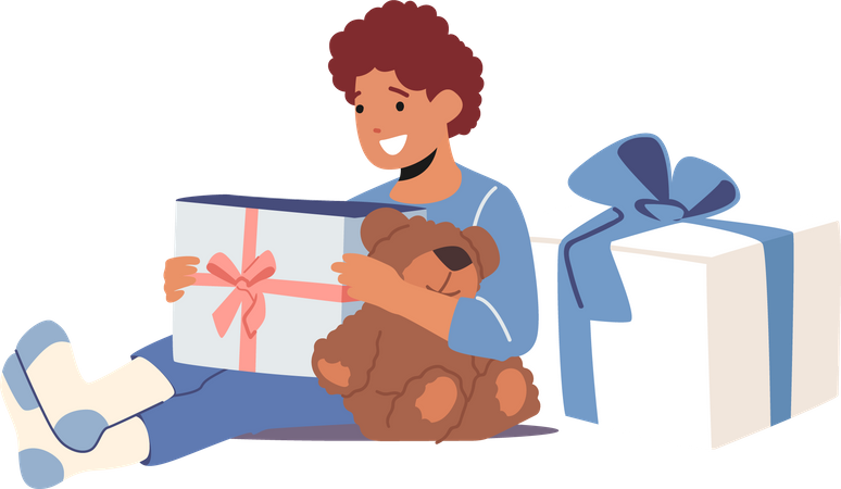 Boy with Gift and Bear in Hands Illustration