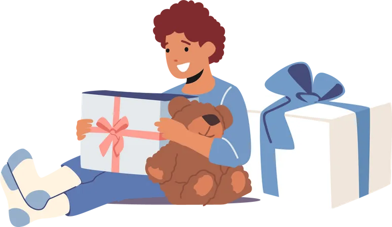 Happy Boy With Gift And Bear In Hands Joyful Kid Got Presents For Birthday Or Christmas Holiday Celebration Isolated On White Background Happiness Enjoyment Concept Cartoon Vector Illustration Illustration