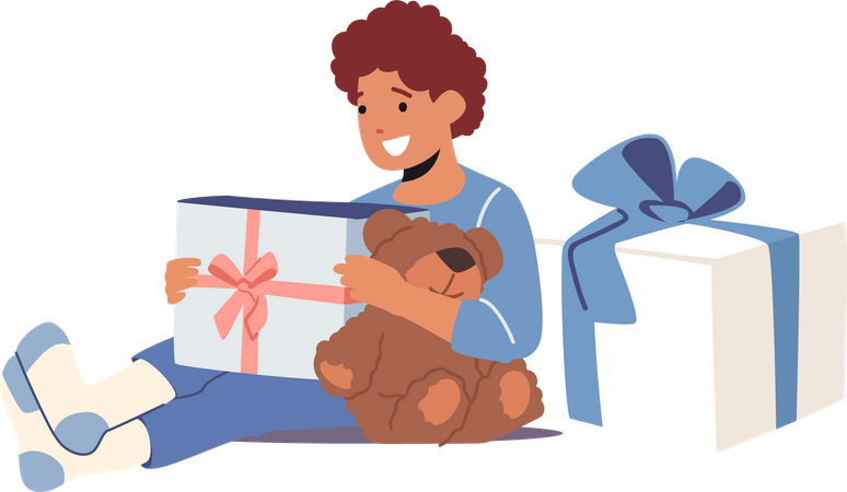 Boy with Gift and Bear in Hands  Illustration