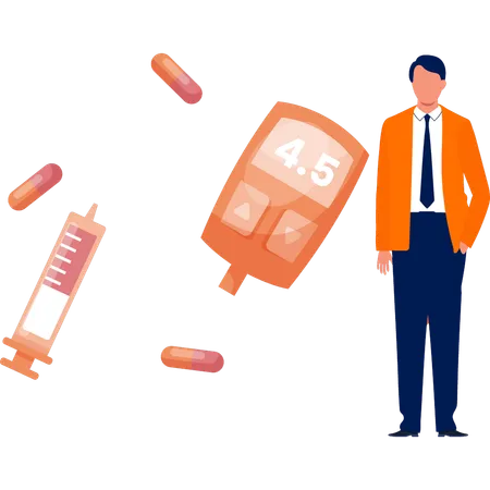 Boy with glucometer and capsules  Illustration