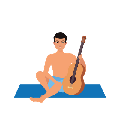 Boy with guitar at beach  Illustration