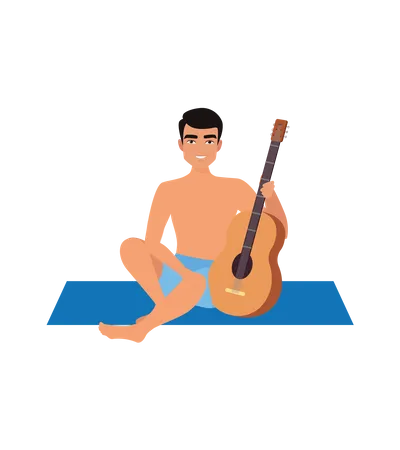 Boy with guitar at beach  Illustration
