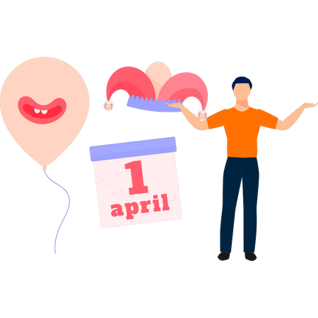 Boy with hat and balloon on 1st April  Illustration