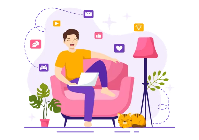 Internet Addiction Vector Illustration With Young People Addicted To Using Devices Such As Laptop Or Smartphone In Flat Cartoon Hand Drawn Templates Illustration