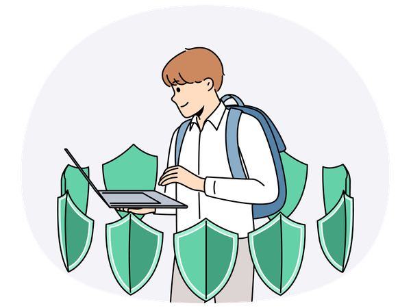 Boy with laptop learning cyber protect and installing antivirus and standing among green shields  Illustration