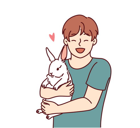 Boy with little rabbit laugh hugging beloved pet  일러스트레이션