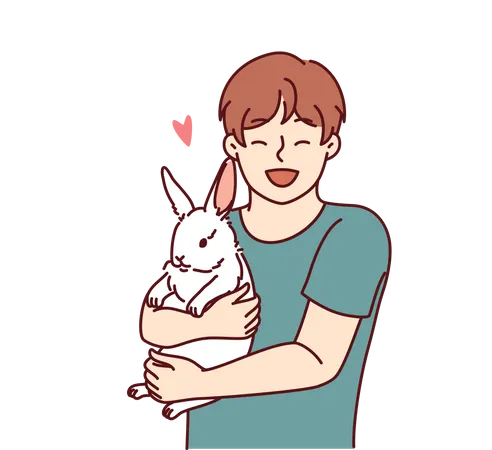 Boy with little rabbit laugh hugging beloved pet  일러스트레이션
