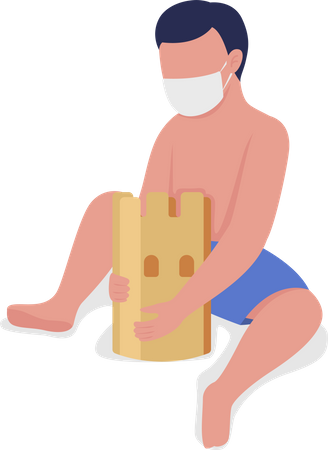 Boy with mask building sand castle  Illustration