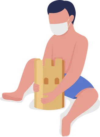 Boy with mask building sand castle  Illustration