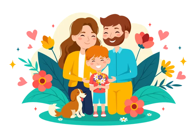 Boy with parents and dog  Illustration