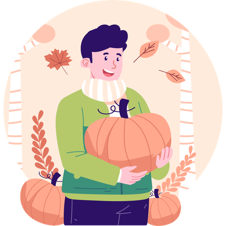 Boy with pumpkin in hand in autumn  Illustration