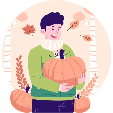 Boy with pumpkin in hand in autumn  Illustration