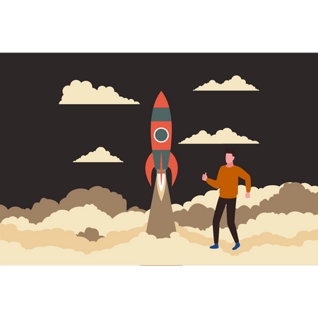 Boy with rocket launched into space  Illustration