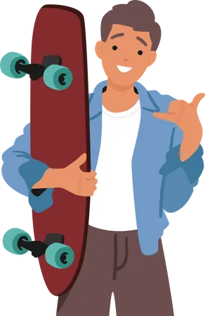 Teenage Boy With Skateboard In Hand Flashes A Laid Back Hang Loose Gesture With His Thumb And Pinky Radiating Carefree Vibe Teen Male Character Isolated On White Cartoon People Vector Illustration Illustration