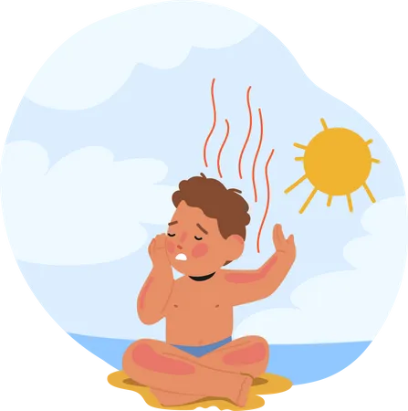 Unhappy Child Little Boy Character With Skin Sunburned Experiencing Pain Discomfort And Redness A Result Of Overexposure To The Suns Harmful Rays On The Beach Cartoon People Vector Illustration Illustration