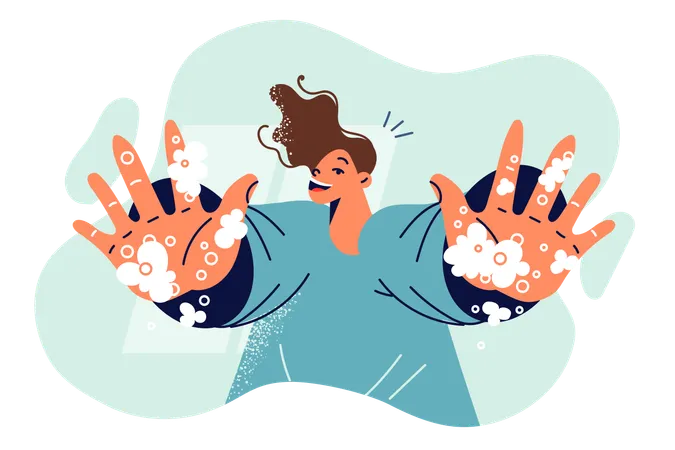 Boy With Soapy Hands Demonstrates Foam On Palms And Urges To Follow Hygiene Rules Conscious Teenager Child Washing Hands After Walk To Kill Harmful Bacteria And Avoid Infection Causing Flu Illustration