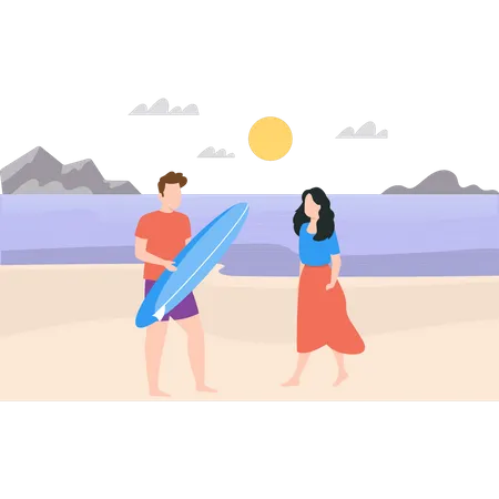 Boy with surfboard and girl walking on beach  Illustration