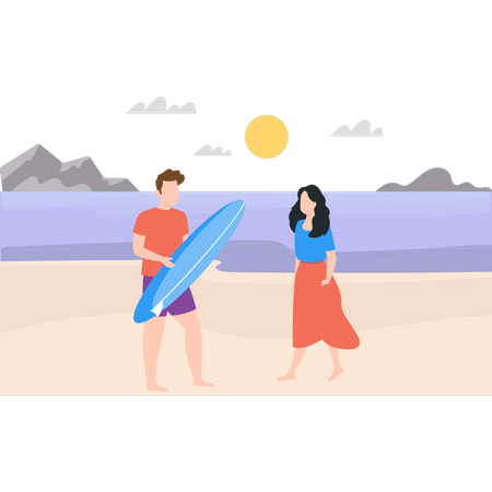 Boy with surfboard and girl walking on beach  Illustration