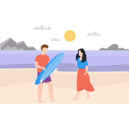 Boy with surfboard and girl walking on beach  Illustration