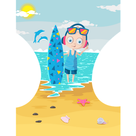 Boy with surfing board enjoying in sea  Illustration