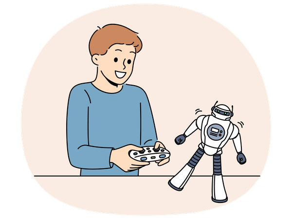 Boy with toy remote controlled robot for learning robotics at school  Illustration