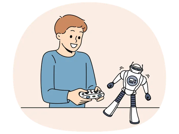 Boy with toy remote controlled robot for learning robotics at school  Illustration